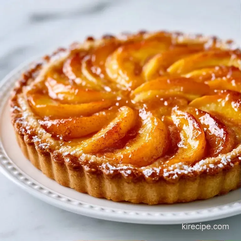 A frosted slice of peach dessert on a white porcelain plate, drizzled with syrup and topped with fresh mint.
