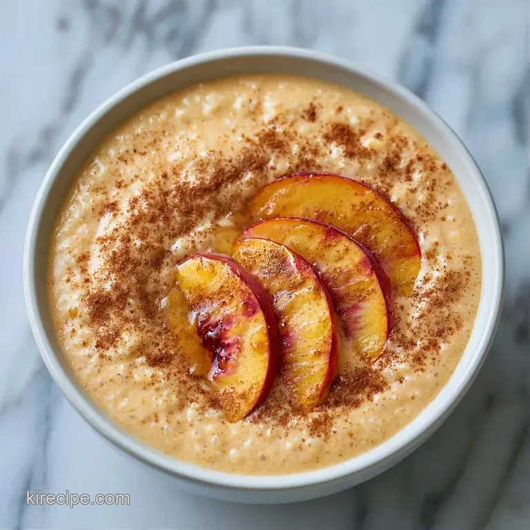 A frosty peach-colored puree topped with symmetrical rows of granola, chia seeds, and bright mint leaves.