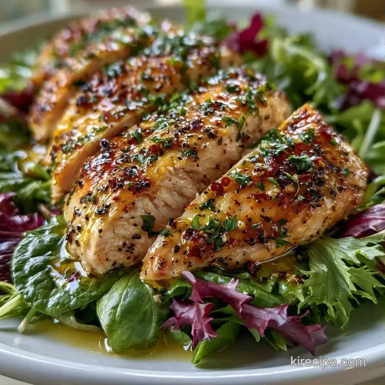 Vibrant mixed greens and sliced grilled chicken arranged neatly on a ceramic plate with a drizzle of creamy dressing.