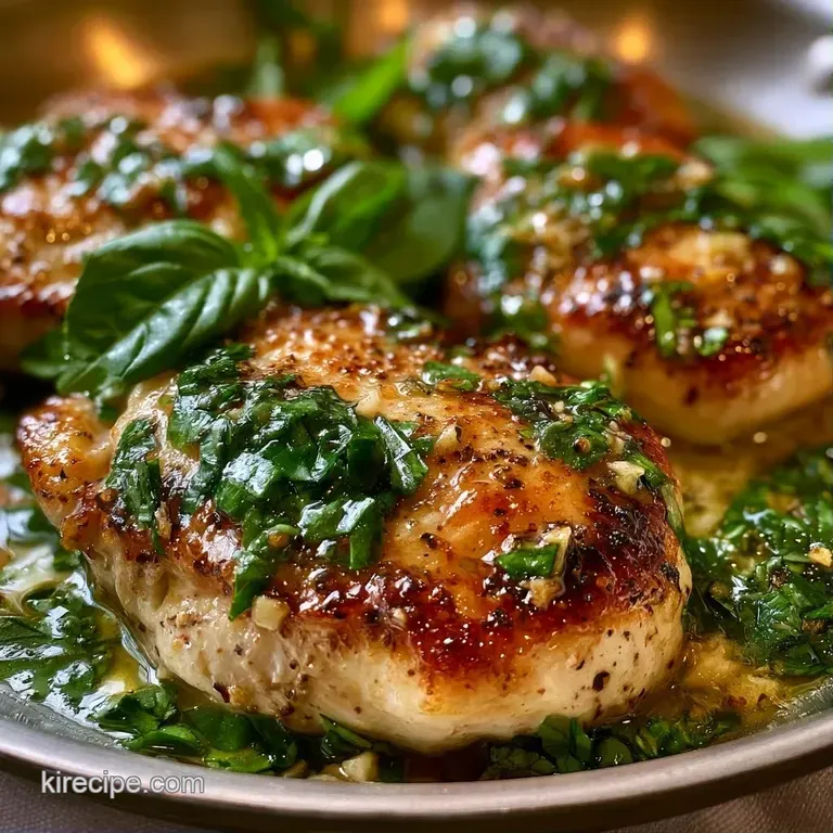 Slices of tender seared chicken on a white ceramic plate, drizzled with garlic butter and fresh basil sprigs.
