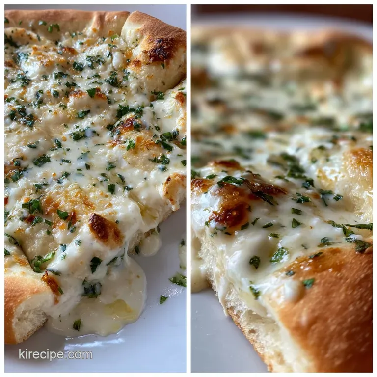 Silky garlic cream sauce elegantly drizzled on pizza dough, showing a smooth, rich texture and appetizing ivory color.