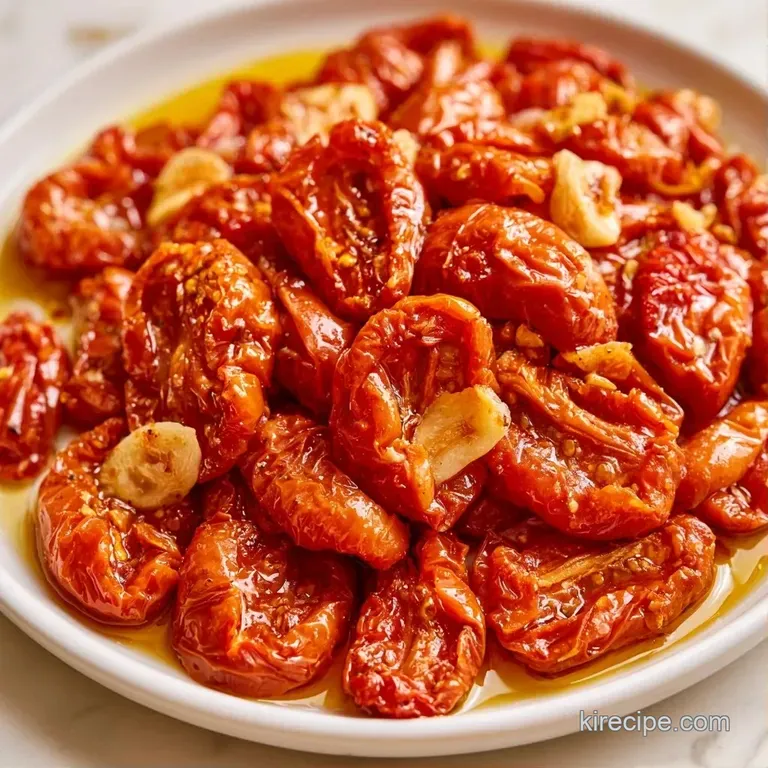 Crimson roasted tomatoes and golden garlic cloves served in a shallow white dish with a drizzle of oil.