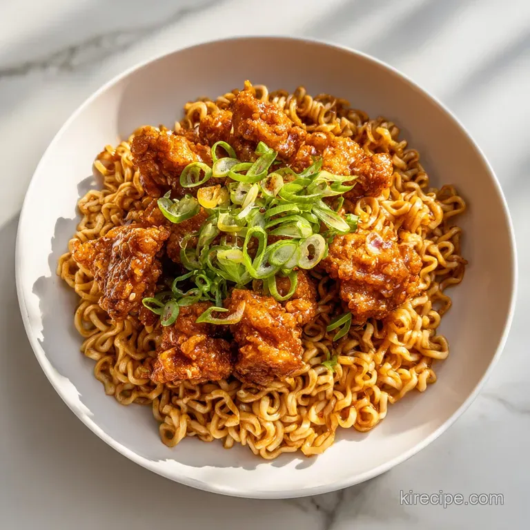 Glossy glazed chicken pieces atop swirling noodles in a ceramic bowl with a sprinkle of toasted white sesame seeds.