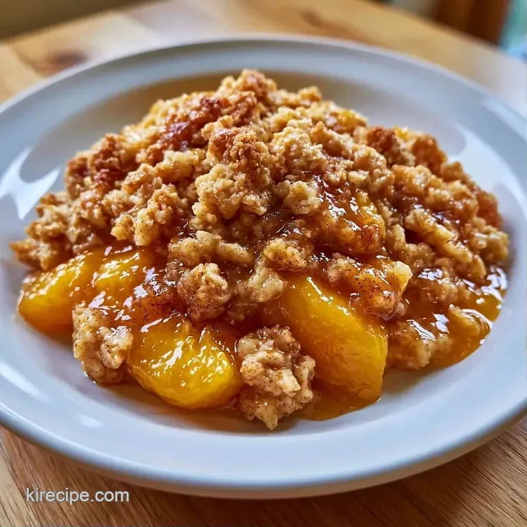 A slice of warm fruit crumble on a white plate, topped with a melting scoop of creamy vanilla bean ice cream.