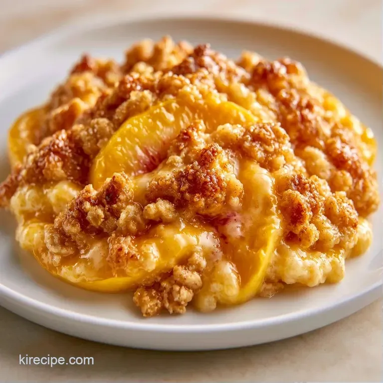 A scoop of warm, golden fruit dessert topped with a dollop of melting vanilla cream on a white ceramic plate.