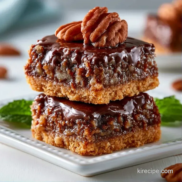 A neat stack of toasted nut bars on a slate platter, accented by a drizzle of caramel and a fresh berry.