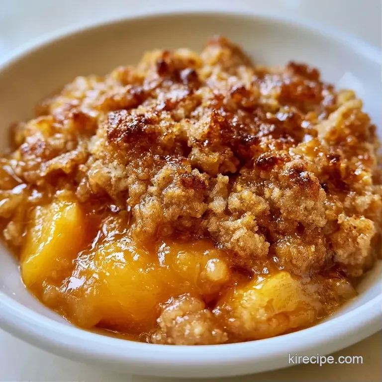 A scoop of melting vanilla ice cream atop a warm slice of golden fruit crumble on a clean white porcelain plate