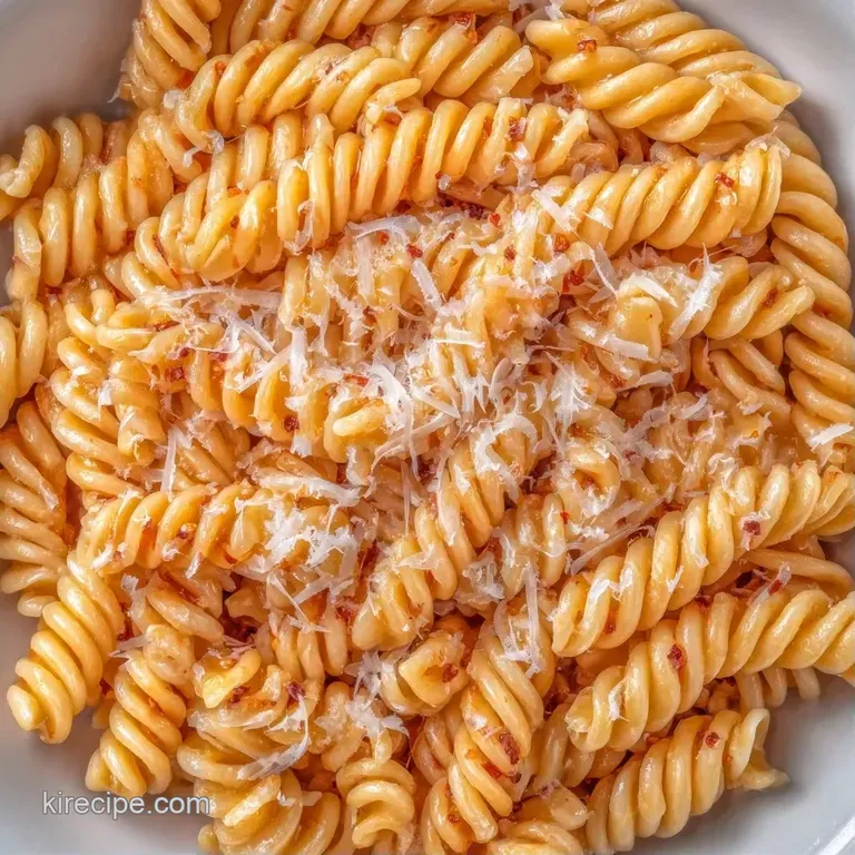 Chilled pasta curls dusted in white parmesan cheese, served in a white ceramic bowl with a sprig of fresh green basil.