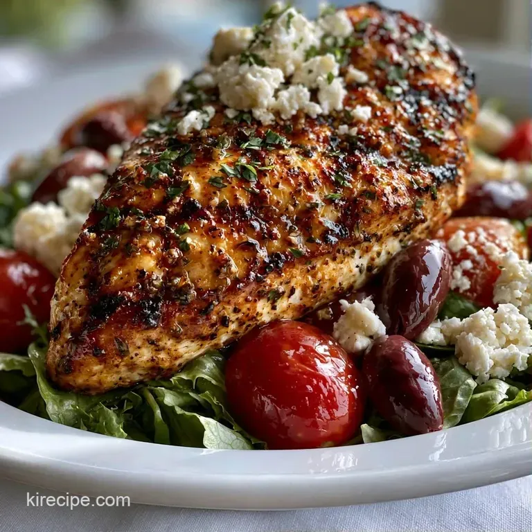 Sliced charred chicken breast over fresh greens, accented by red cherry tomatoes and white feta on a white platter.