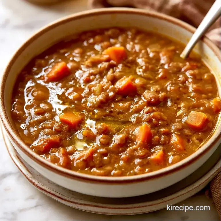 A ceramic bowl of thick lentil stew topped with a drizzle of golden oil and a sprinkle of fresh green parsley.