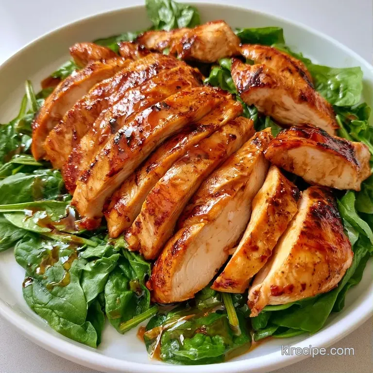 Sliced grilled poultry arranged atop a bed of deep green spinach with bright red berries in a white ceramic bowl.