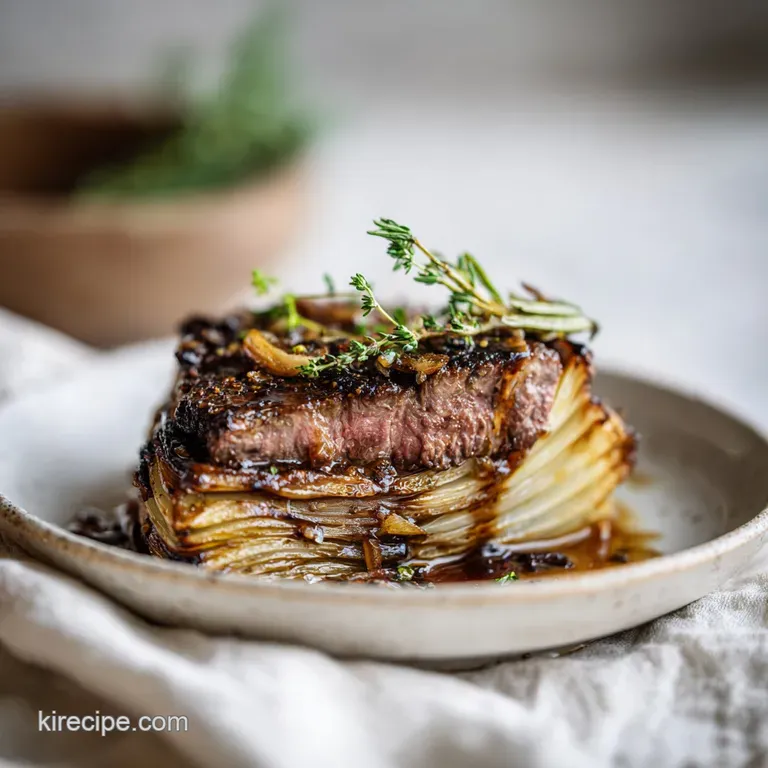 Tender grilled onion rings artfully stacked with herbs, drizzled with beef bouillon, highlighting golden and brown hues ag...