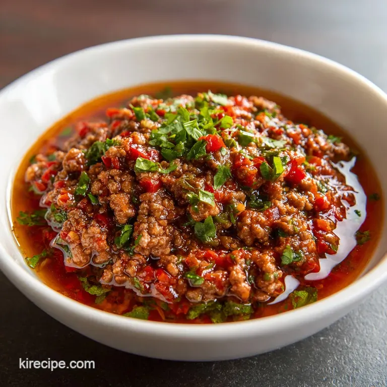 Close-up of vibrant ground beef and chili sauce in a white bowl, garnished with sliced scallions. Steam rises enticingly.