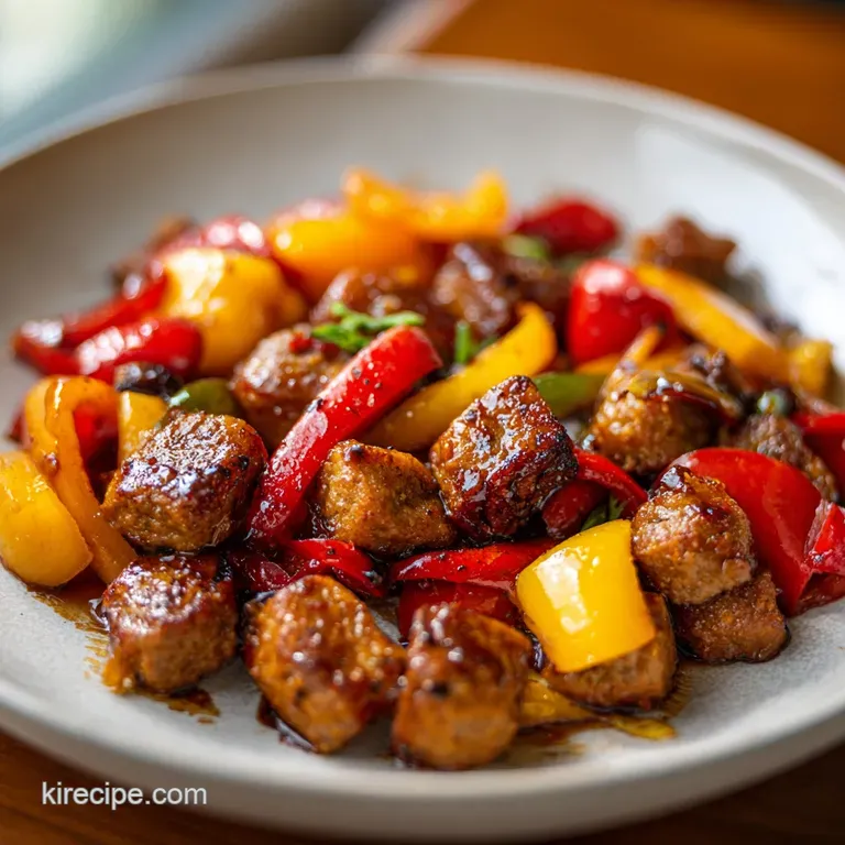 Glossy peppers and savory sausage artfully arranged on a white plate, steam rising, promising a delicious and satisfying m...