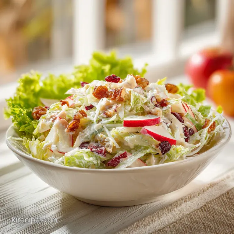 A white bowl showcases a colorful Waldorf salad with plump red grapes and scattered toasted pecans, artfully arranged.
