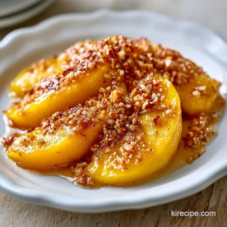 Warm, halved peaches resting on a white ceramic plate, drizzled with amber honey and sprinkled with cinnamon.