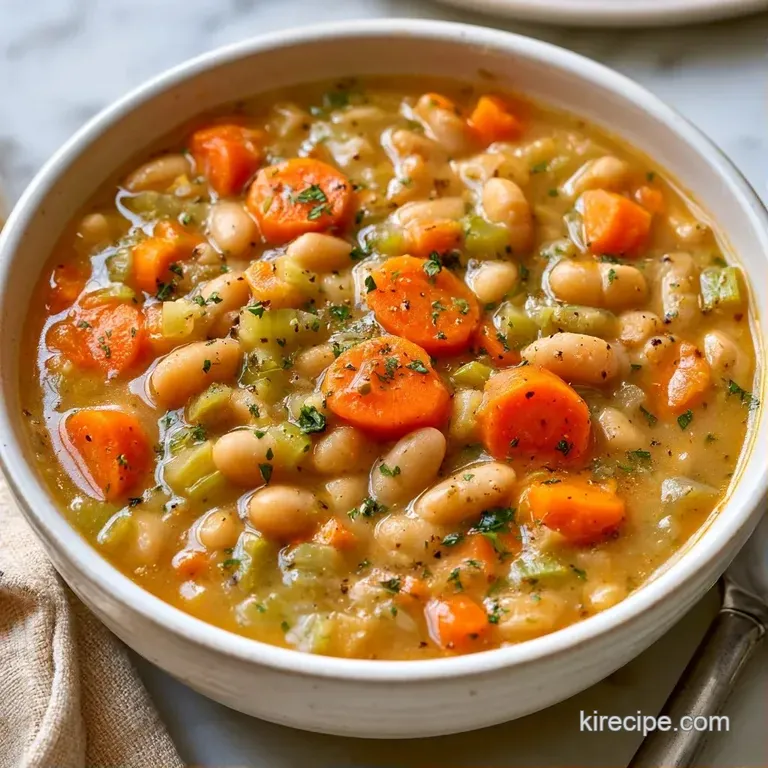 Rustic ceramic bowl of thick bean stew served with toasted sourdough bread on a weathered wooden dining table.
