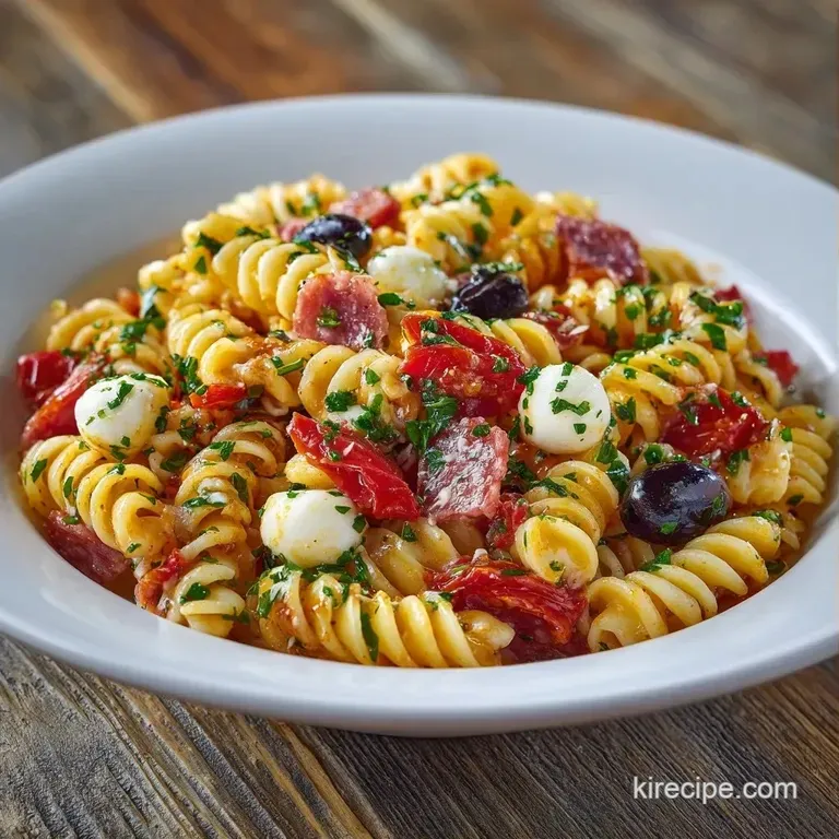 A wide ceramic bowl filled with colorful pasta, diced bell peppers, and olives, garnished with a sprig of fresh basil.