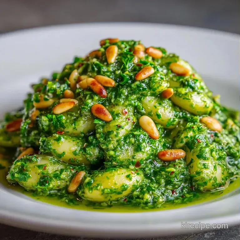 Bright green herb sauce drizzled over al dente pasta, topped with shaved parmesan and toasted pine nuts.