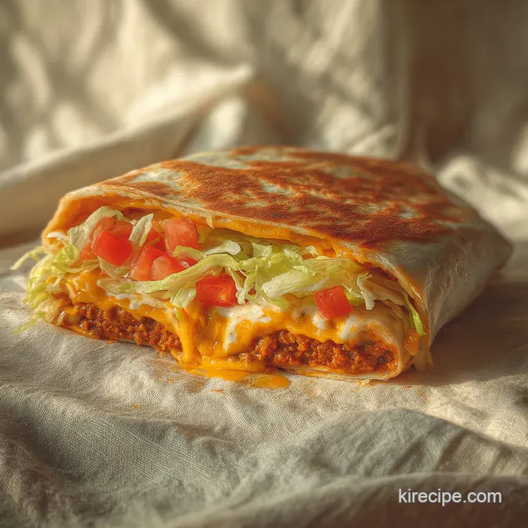 Crunchwrap Supreme cut in half, revealing layers of seasoned beef, melted cheese, and crisp lettuce.