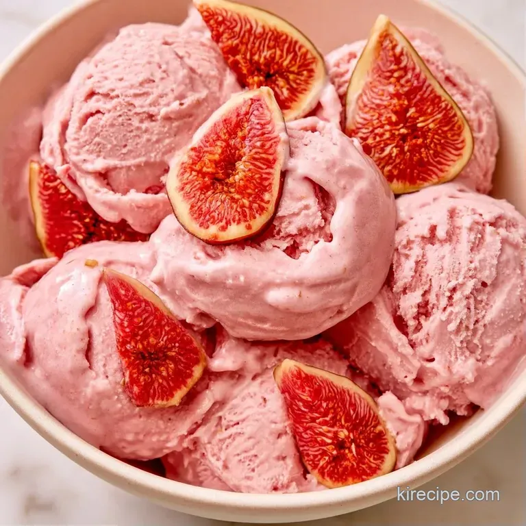 Three neat scoops of lavender-hued frozen dessert garnished with ruby red fig slices on a white ceramic plate