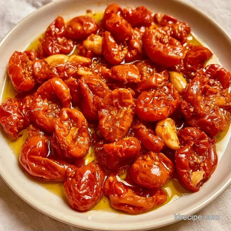 Slices of chewy crimson tomatoes glistening in golden oil, served in a white ceramic bowl with cracked black pepper.