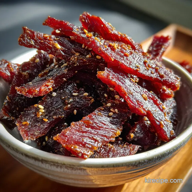 Stack of glossy teriyaki beef jerky pieces on a rustic wooden board. Light reflects off the marinated meat, highlighting i...