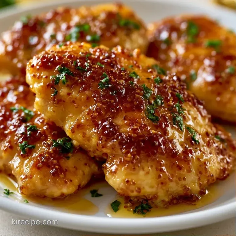 Sliced golden chicken breast drizzled with glossy mustard glaze, paired with bright green broccoli and fluffy white rice.