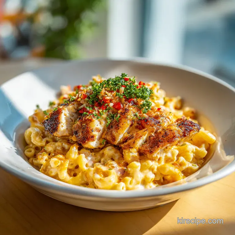 Crispy, fiery-red Nashville hot chicken on creamy, cheesy mac, plated elegantly with pickle garnish and parsley flakes.