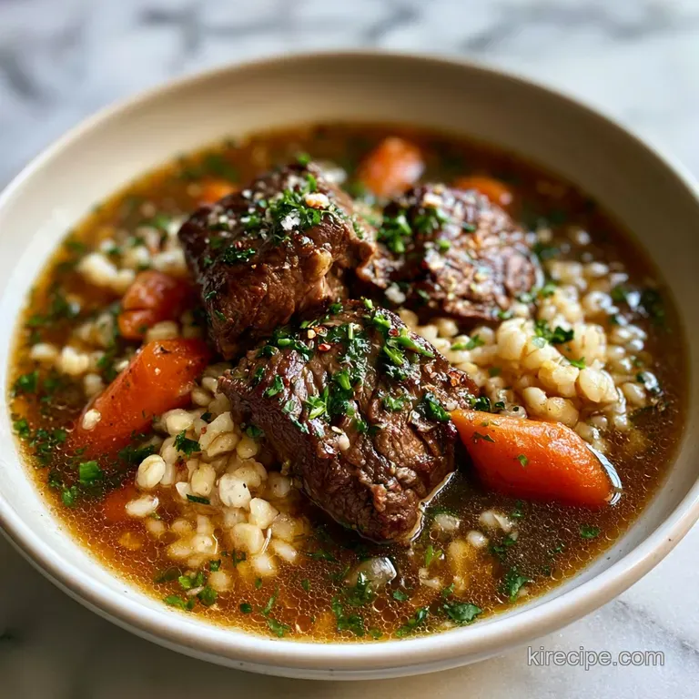 Hearty brown stew in a white bowl garnished with fresh parsley, served with a slice of toasted sourdough bread.
