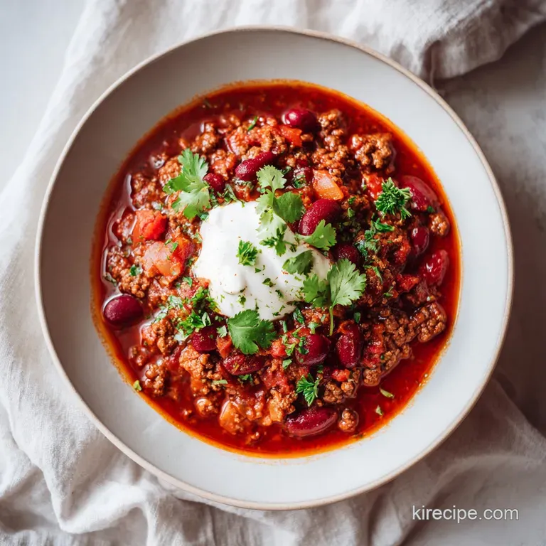 Warm, inviting bowl of beef chili, garnished with fresh cilantro, a dollop of sour cream, and a sprinkle of shredded chedd...