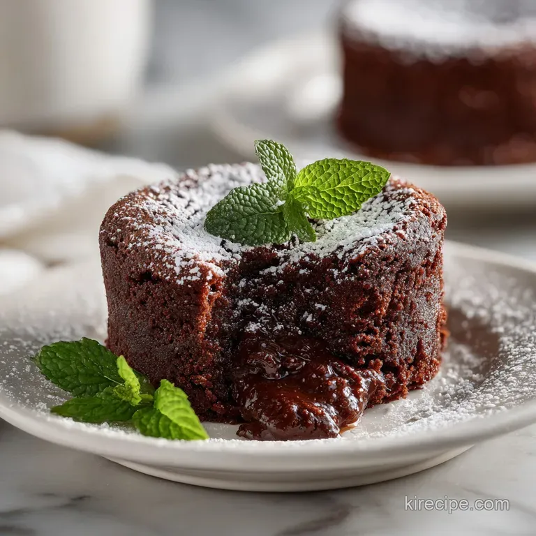 Warm, gooey chocolate brownie pudding in a shallow bowl, topped with a scoop of melting vanilla ice cream and fresh raspbe...