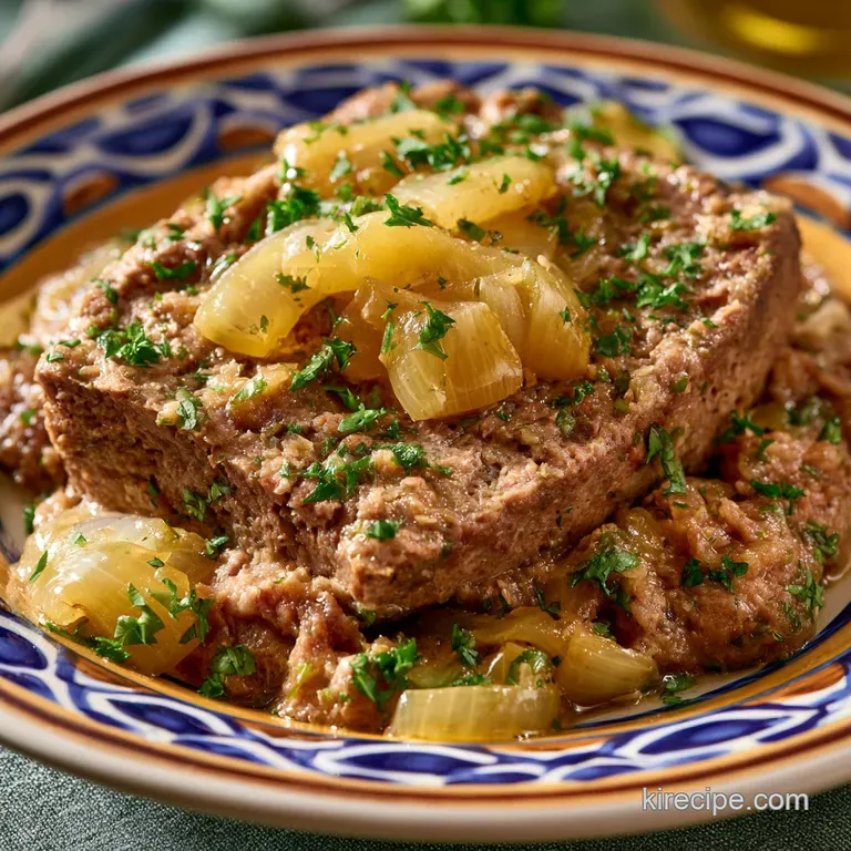 A rustic white platter holding a scoop of savory brown pate topped with sliced hard-boiled eggs and fresh herbs.