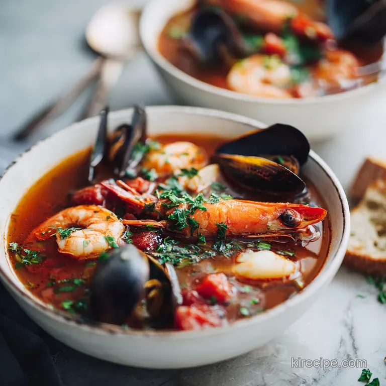 Elegant bowl of cioppino with bright red broth, glistening seafood, and a sprig of parsley. Crusty bread slices are scatte...