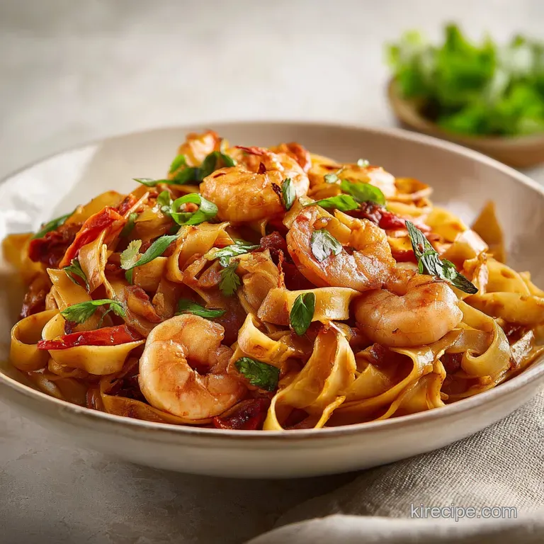 Plated noodles glistening with sauce, topped with fresh herbs, and scattered red pepper flakes, hinting at subtle spice.