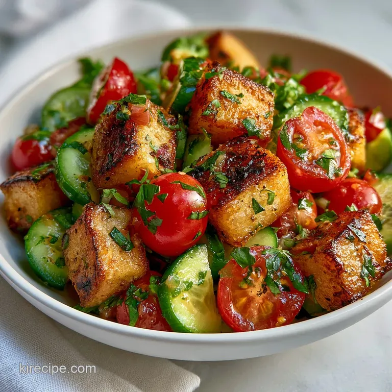 A vibrant summer salad of charred sourdough and red tomatoes served in a shallow white bowl with olive oil drizzle.
