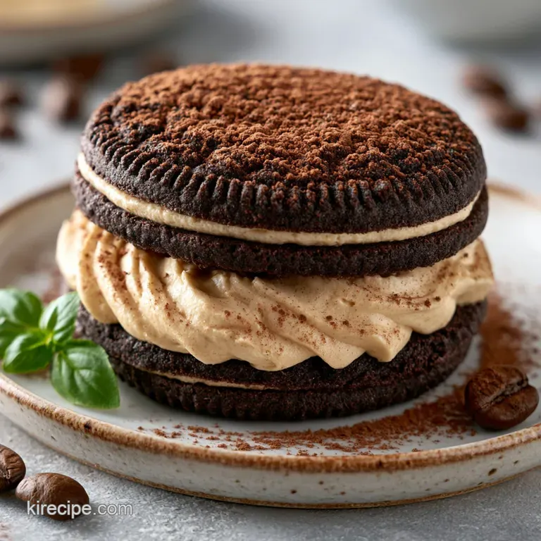 Elegant slice of layered dark cocoa wafers and airy white cream on a white plate with a bright red berry.