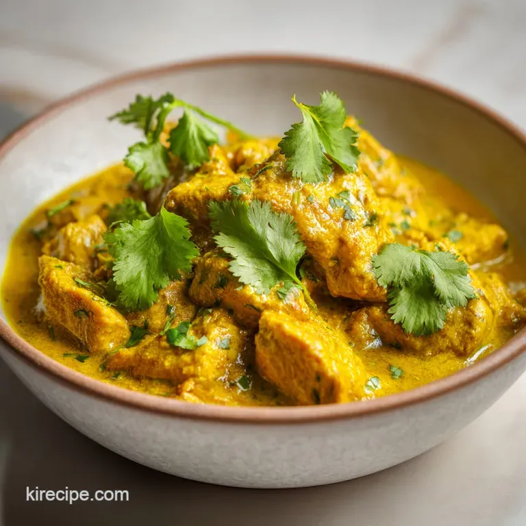 Elegant white bowl of creamy golden curry topped with fresh cilantro, paired with a side of warm, toasted naan bread.