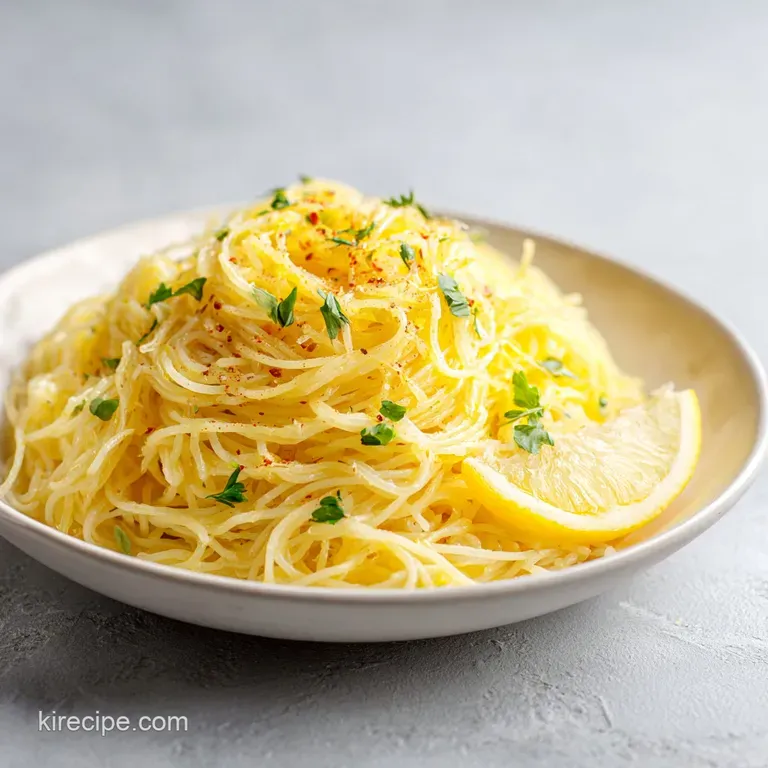 A nest of pale yellow capellini, glistening with sauce, twirled on a white plate & sprinkled with herbs.