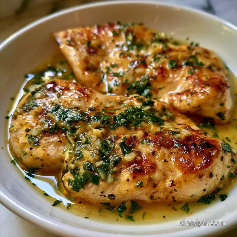 Sliced roasted chicken breast on a white platter, drizzled with glossy lemon butter and garnished with fresh thyme.