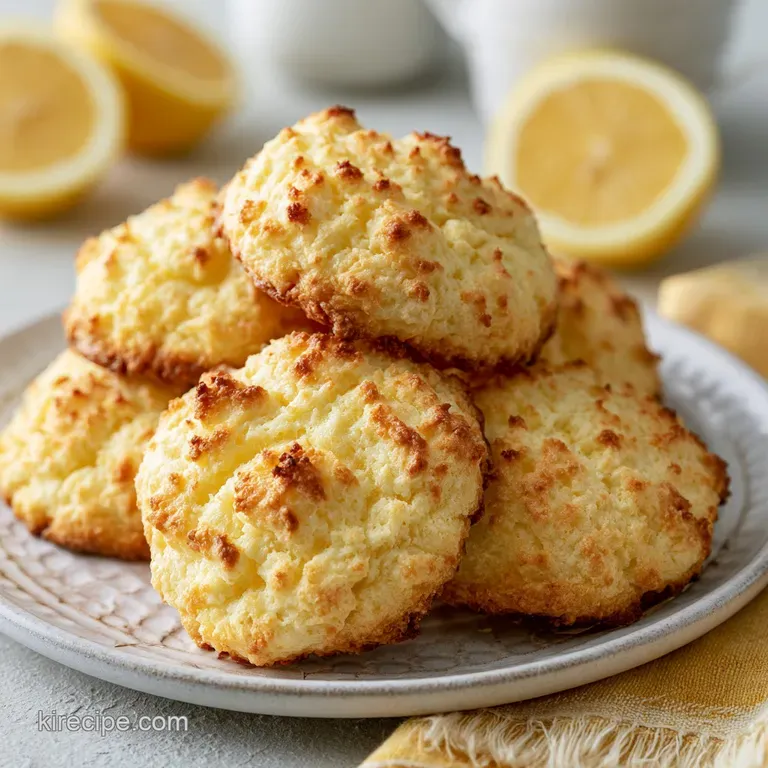A stack of pillowy, cream-colored cookies dusted with white sugar, served on a linen cloth with fresh lemon slices.