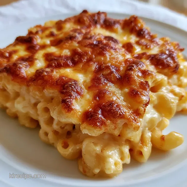 A scoop of cheesy pasta in a shallow white bowl, topped with a sprinkle of fresh parsley and melted Gruyere.