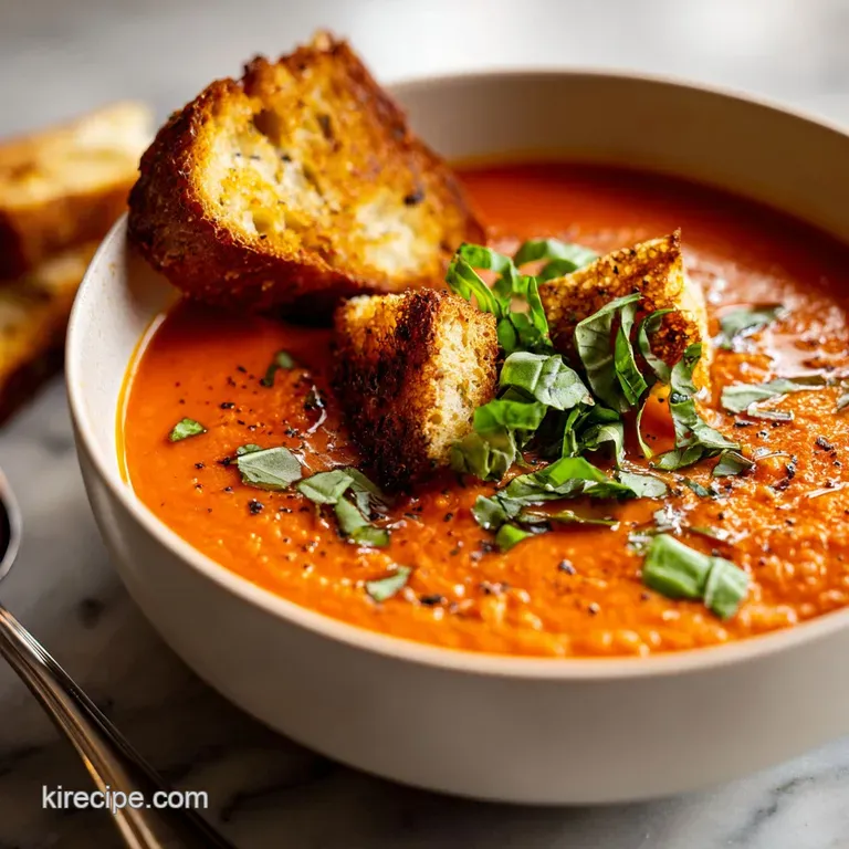 Elegant bowl of deep red tomato soup, a bright green basil leaf floating on top, hints of cream create a smooth, inviting ...