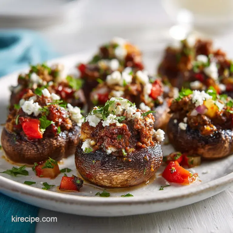 Two stuffed mushrooms on a white plate; browned tops glisten with olive oil and herbs, hints of sausage visible.