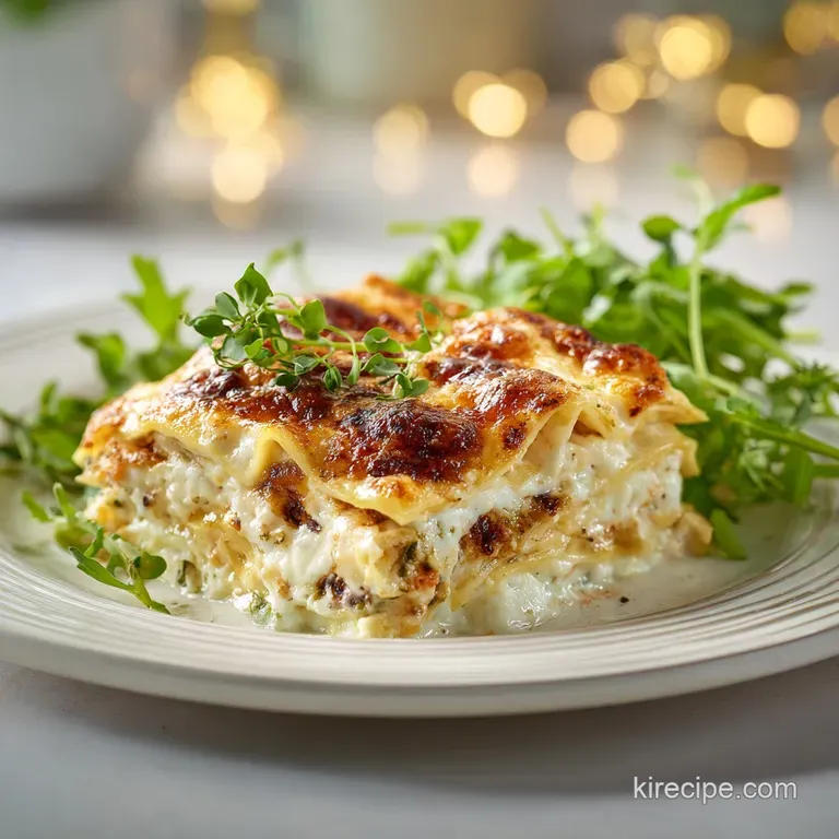 Seafood lasagna slice, layered with rich cream sauce and pasta, artfully plated, garnished with fresh parsley and a lemon ...