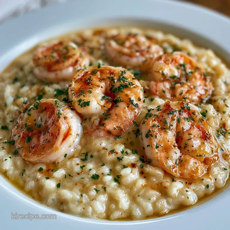 Elegant plating of velvety rice topped with saut&eacute;ed shrimp and a sprinkle of green herbs on a white tablecloth.