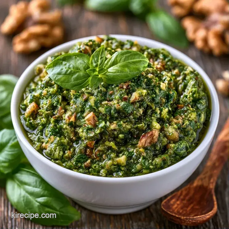 A swirl of bright green herb sauce on a white plate, garnished with fresh basil leaves and cracked black pepper.