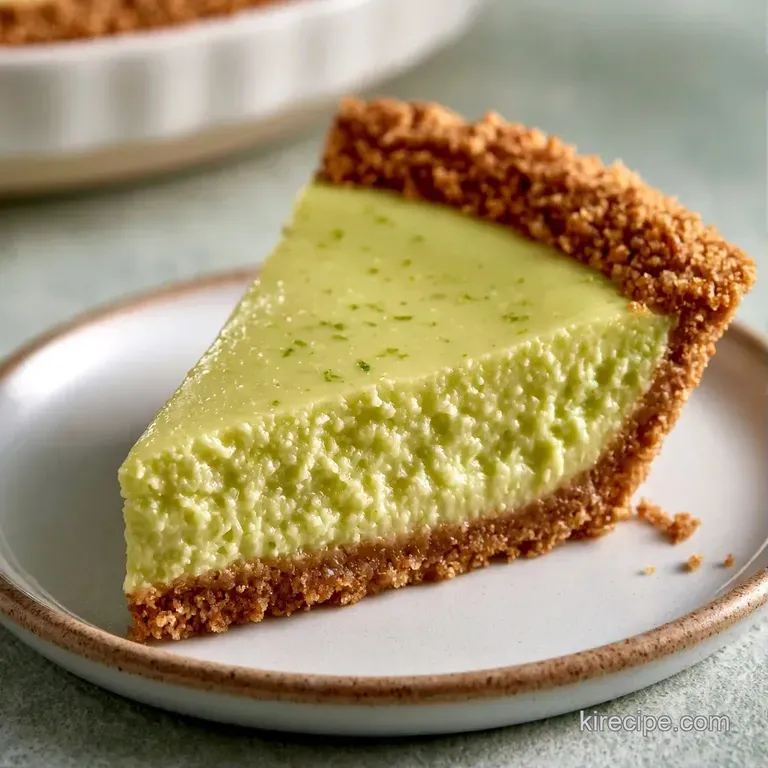 Elegant slice of pale green cream pie on a white ceramic plate, topped with a cream swirl and fresh lime wheel.