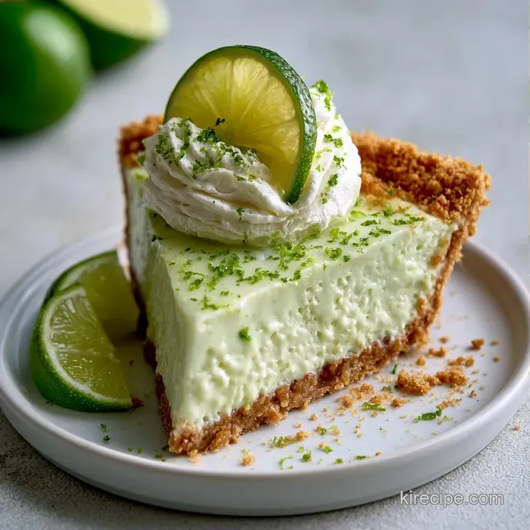 A slice of pale green citrus tart on a white plate, garnished with a fresh mint leaf and thin lime wheel slices.