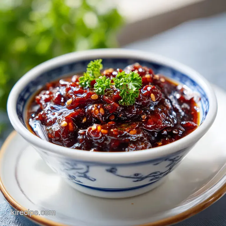 Glossy, mahogany-colored Korean BBQ sauce drizzled artfully over grilled short ribs, glistening with savory perfection.